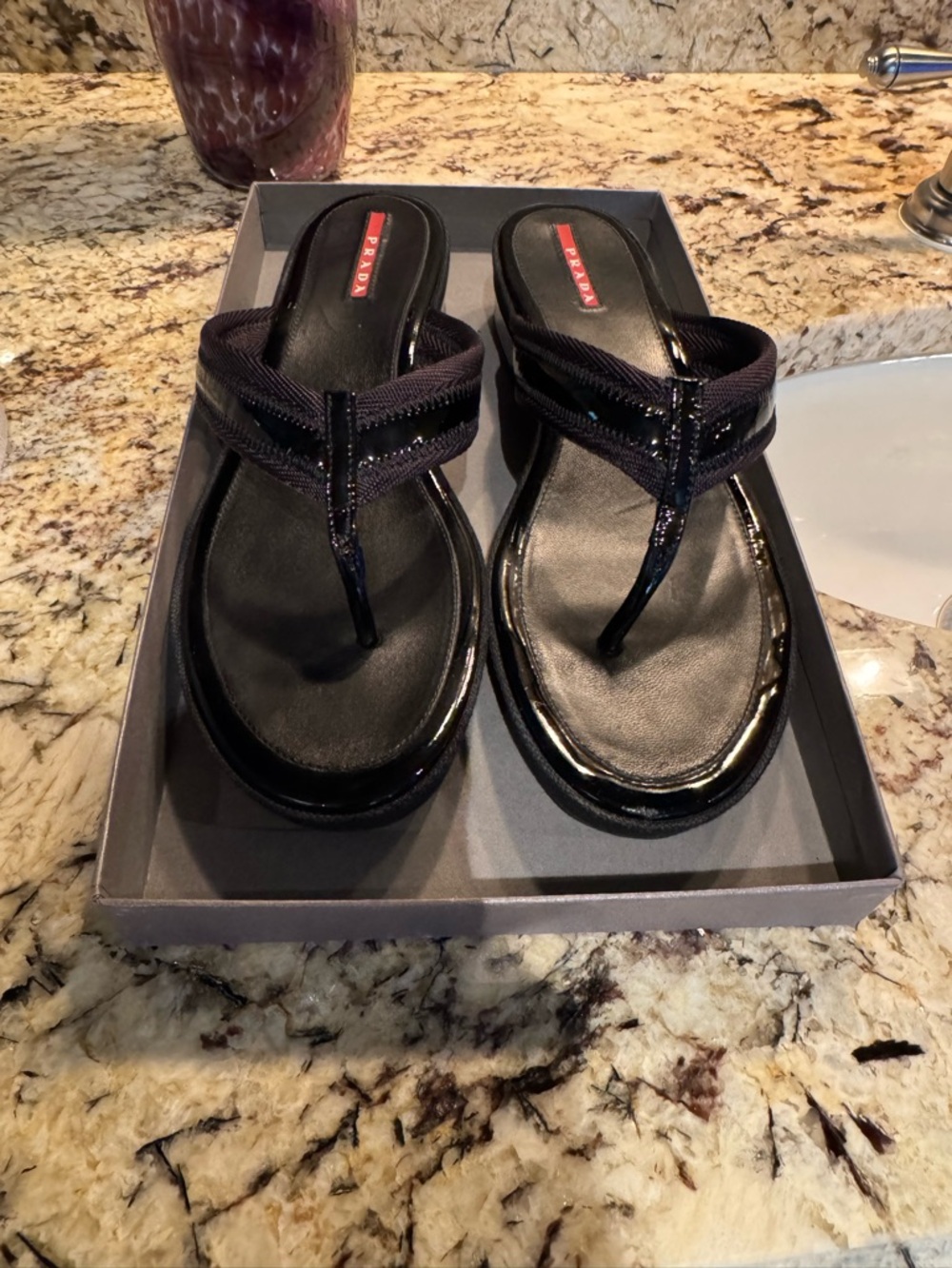 Prada Black Patent Leather Thong Sandals with Fabric Straps